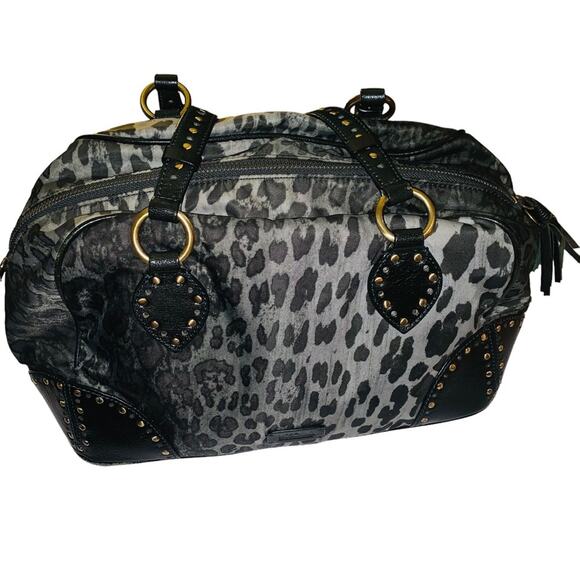 Moschino Cheap & Chic Gray Black Leopard Leather Studded Multicolor Nylon Bag - Picture 6 of 10
